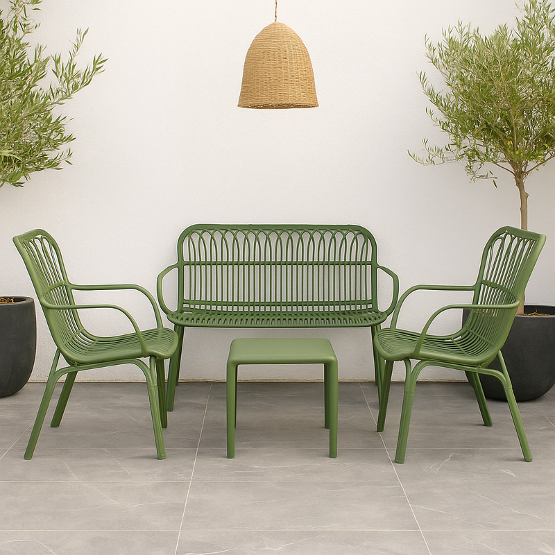 Salotto da giardino Linea Meridiana in polipropilene verde effetto rattan con divano 2 posti e poltrone
