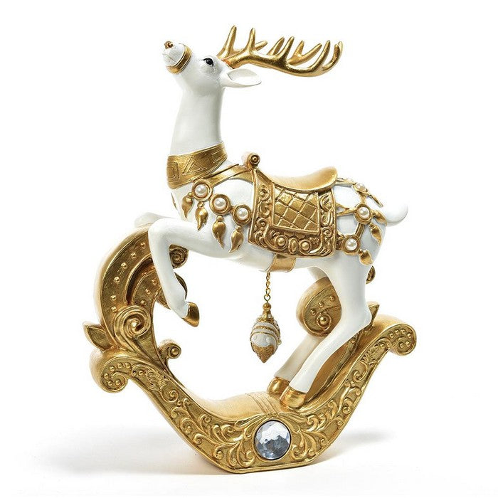 Renna su slitta in resina bianco e oro per decorazione natalizia