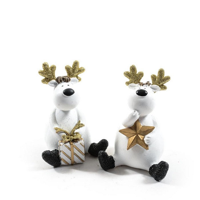 Renna in resina bianco e oro per decorazione natalizia