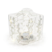 Pacco regalo in vetro trasparente con perline e luci 14 cm