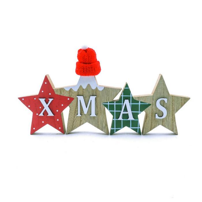 Scritta in legno con stelle XMAS per decorazione natalizia 29 cm