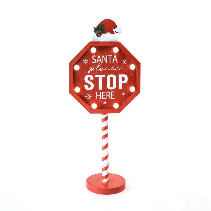 Cartello Santa Stop Here per decorazione natalizia con LED a batteria 50 cm