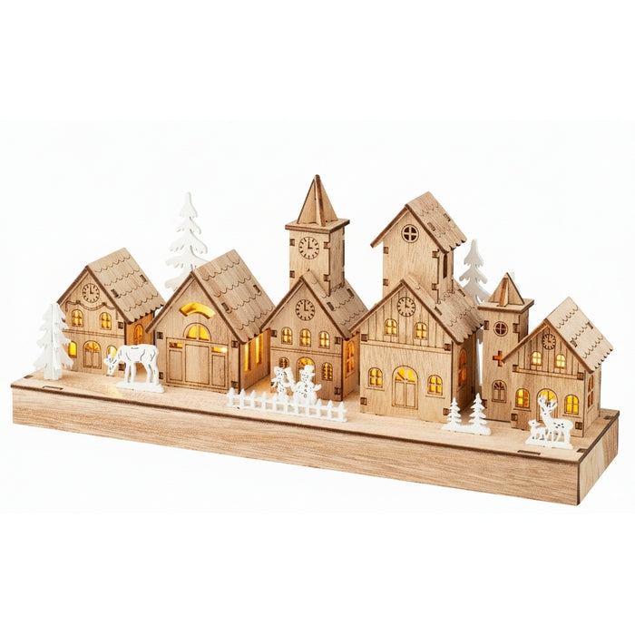 Villaggio natalizio in legno compensato con LED 30 cm