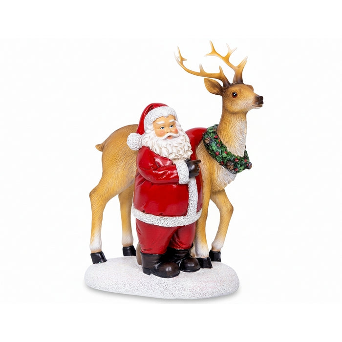 Babbo Natale con renna in poliresina per decorazione natalizia, con led, 26 cm