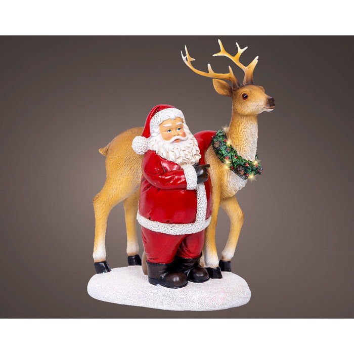 Babbo Natale con renna in poliresina per decorazione natalizia, con led, 26 cm