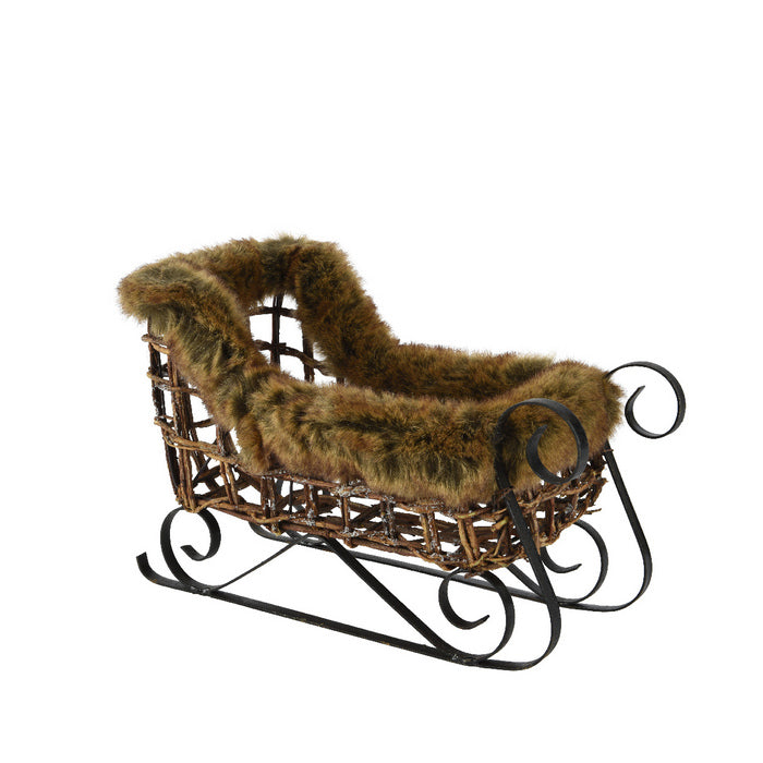 Slitta in rattan con pelliccia artificiale per decorazione natalizia