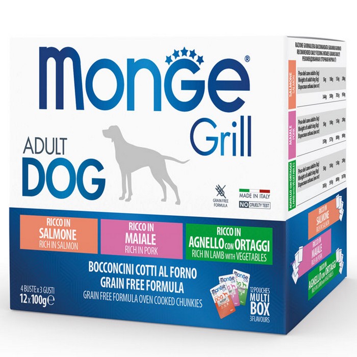Monge Grill Multipack Buste - Agnello con Ortaggi, Maiale, Salmone 12x100g