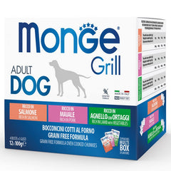 Monge Grill Multipack Buste - Agnello con Ortaggi, Maiale, Salmone 12x100g