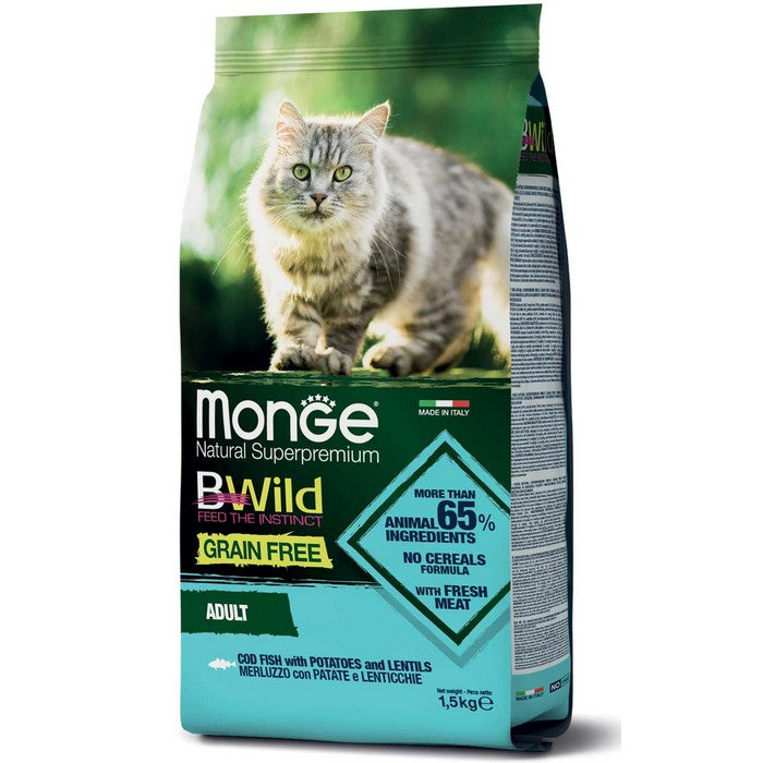 Monge BWild Gatto Grain Free Adult Merluzzo con patate e lenticchie - MONGE - 34318140211416