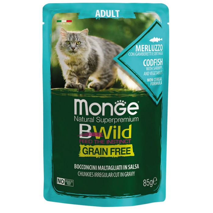 Monge BWild Gatto Grain Free Adult Merluzzo con gamberetti e ortaggi 85g