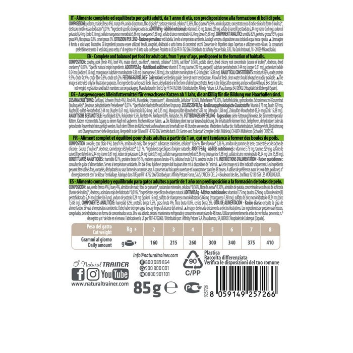 Natural Trainer Cat Adult Hairball con Manzo 85g