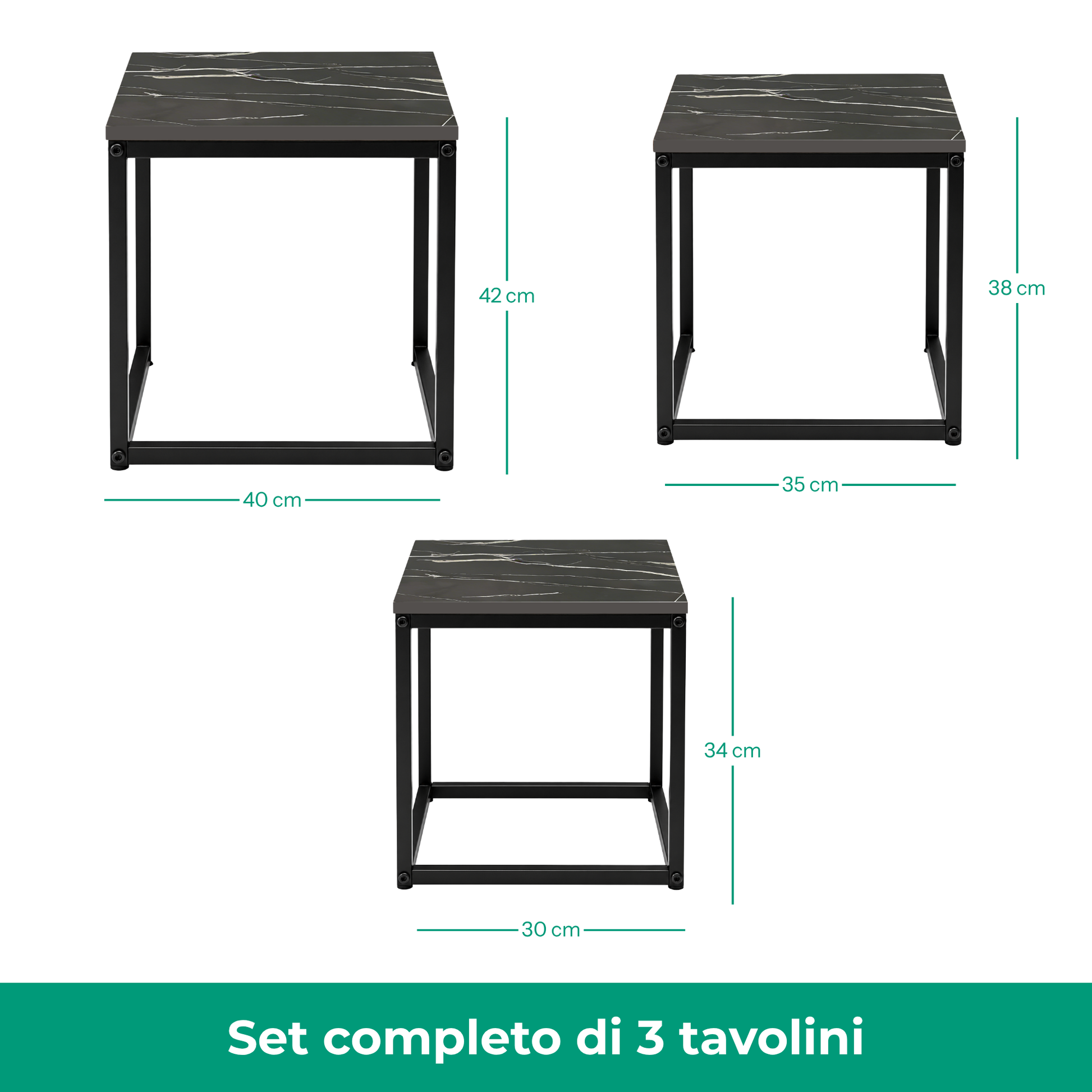 Set 3 Tavolini quadrati in metallo e MDF - Kubo