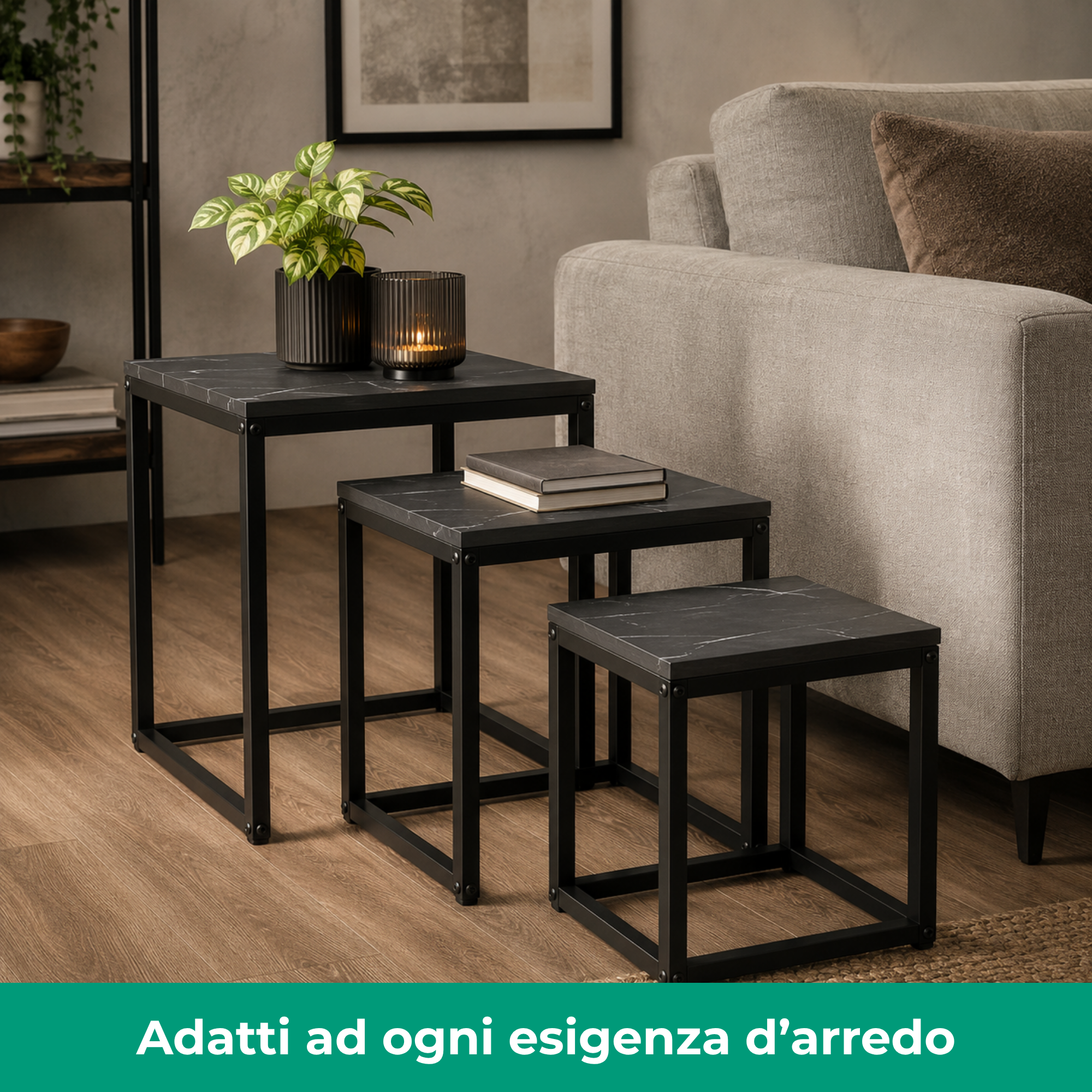 Set 3 Tavolini quadrati in metallo e MDF - Kubo
