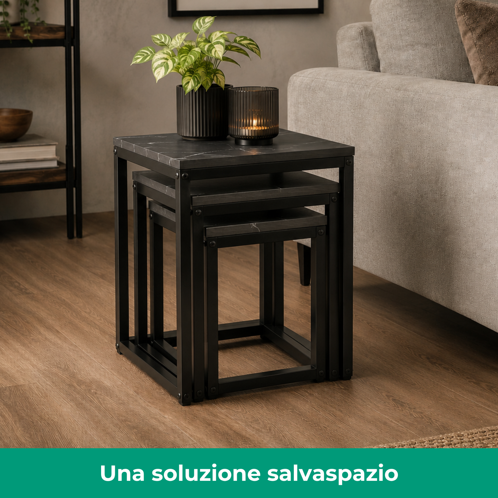 Set 3 Tavolini quadrati in metallo e MDF - Kubo