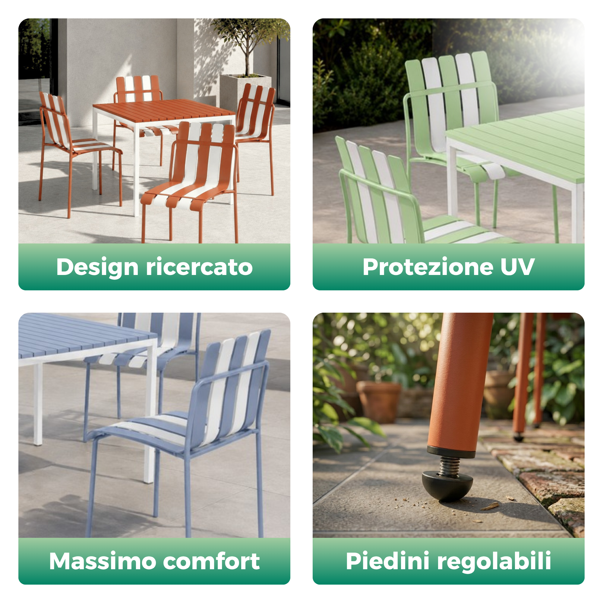 Set 4 Sedie a doghe da giardino mederne in polipropilene, fiberglass e metallo - Beach