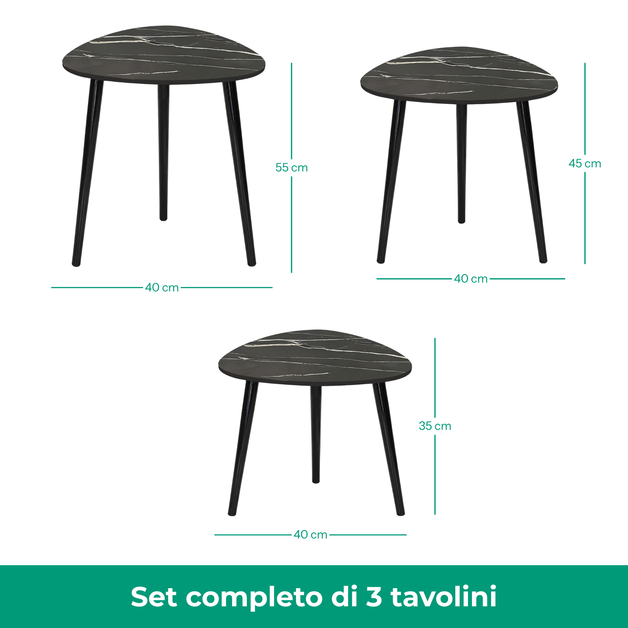 Set 3 tavolini trinangolari in legno e MDF - Tria