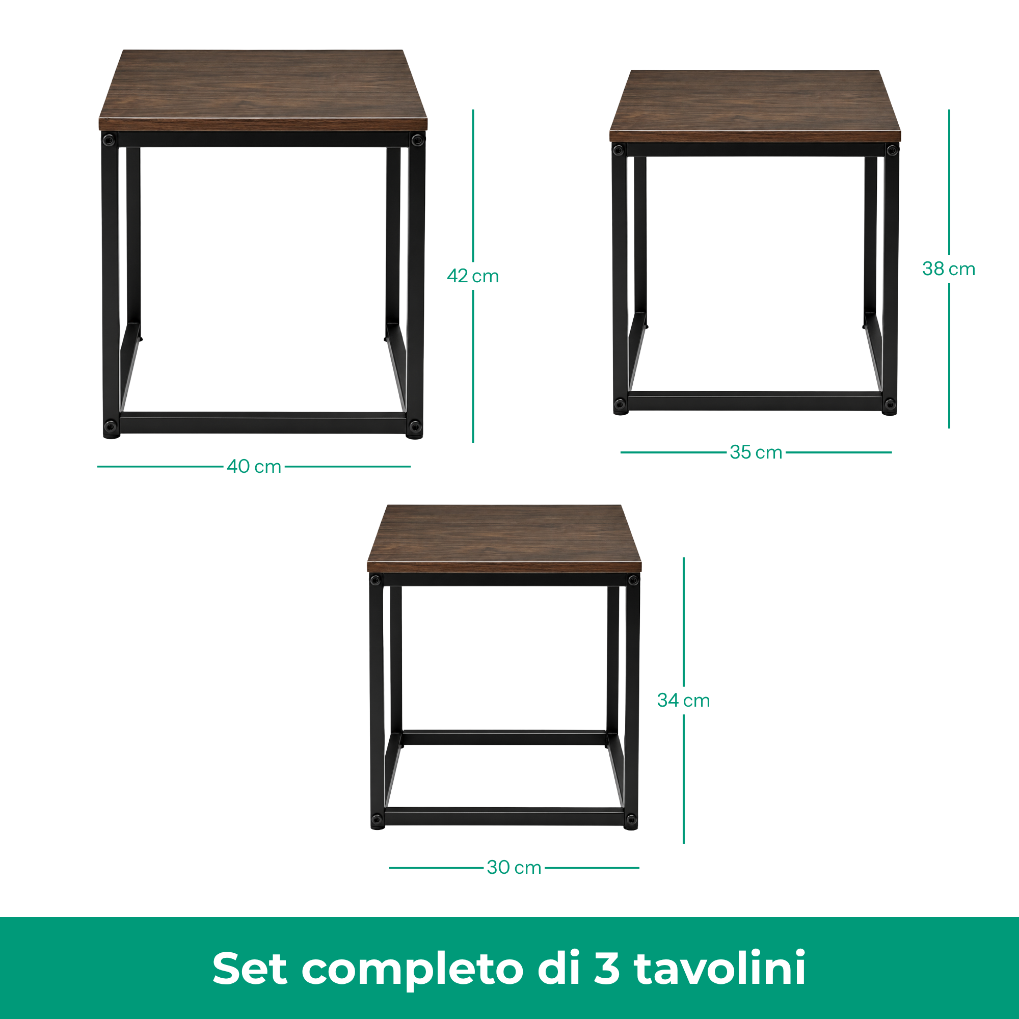 Set 3 Tavolini quadrati in metallo e MDF - Kubo