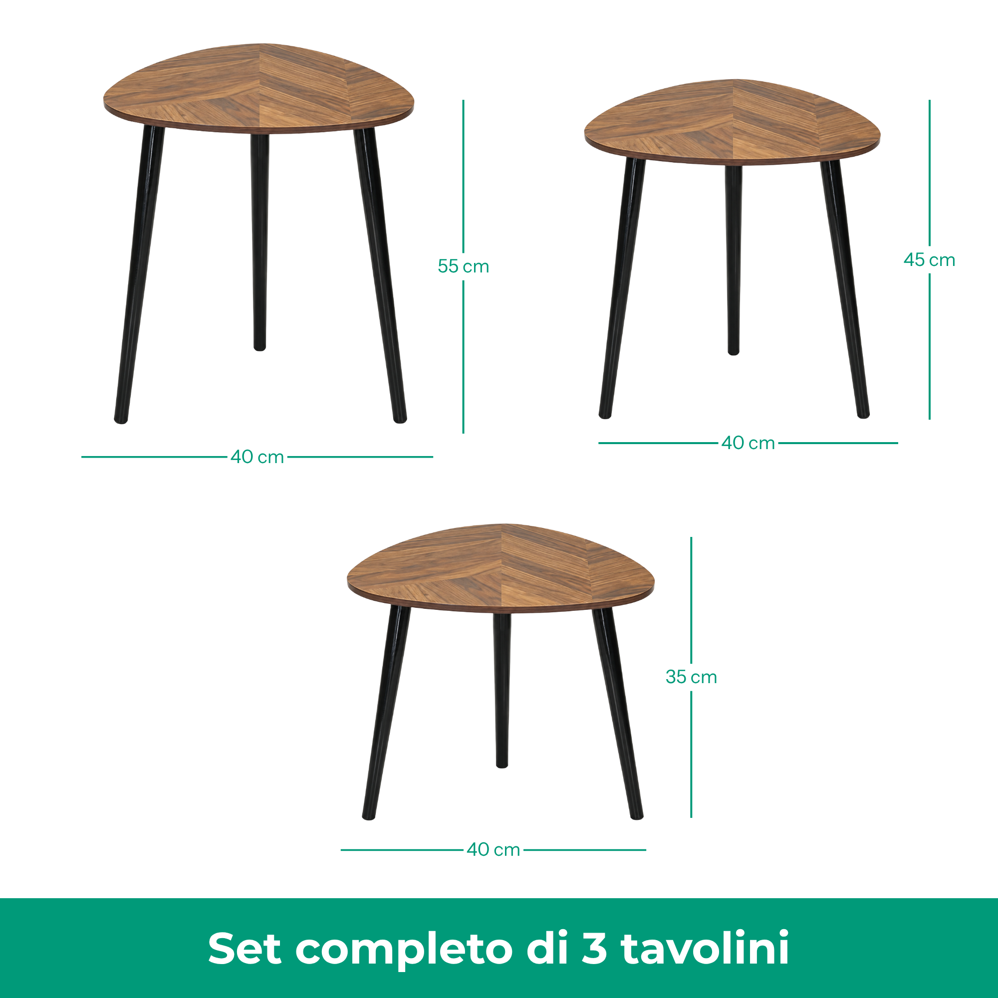 Set 3 tavolini trinangolari in legno e MDF - Tria
