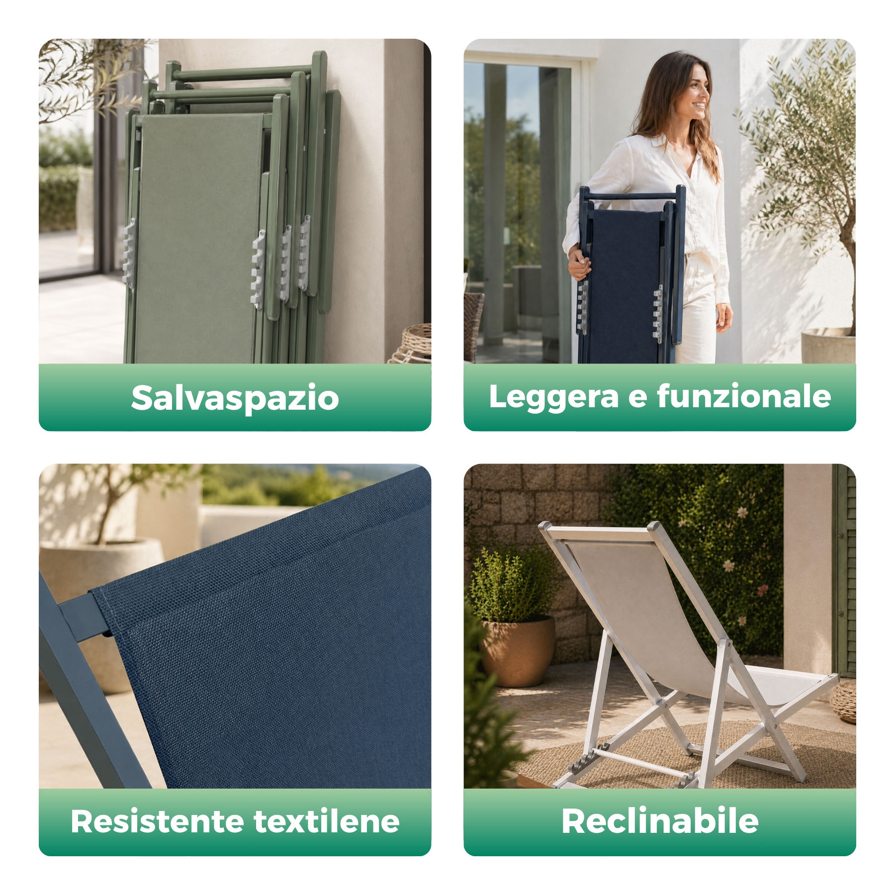Set 4 Sedia a sdraio da giardino in alluminio e textilene