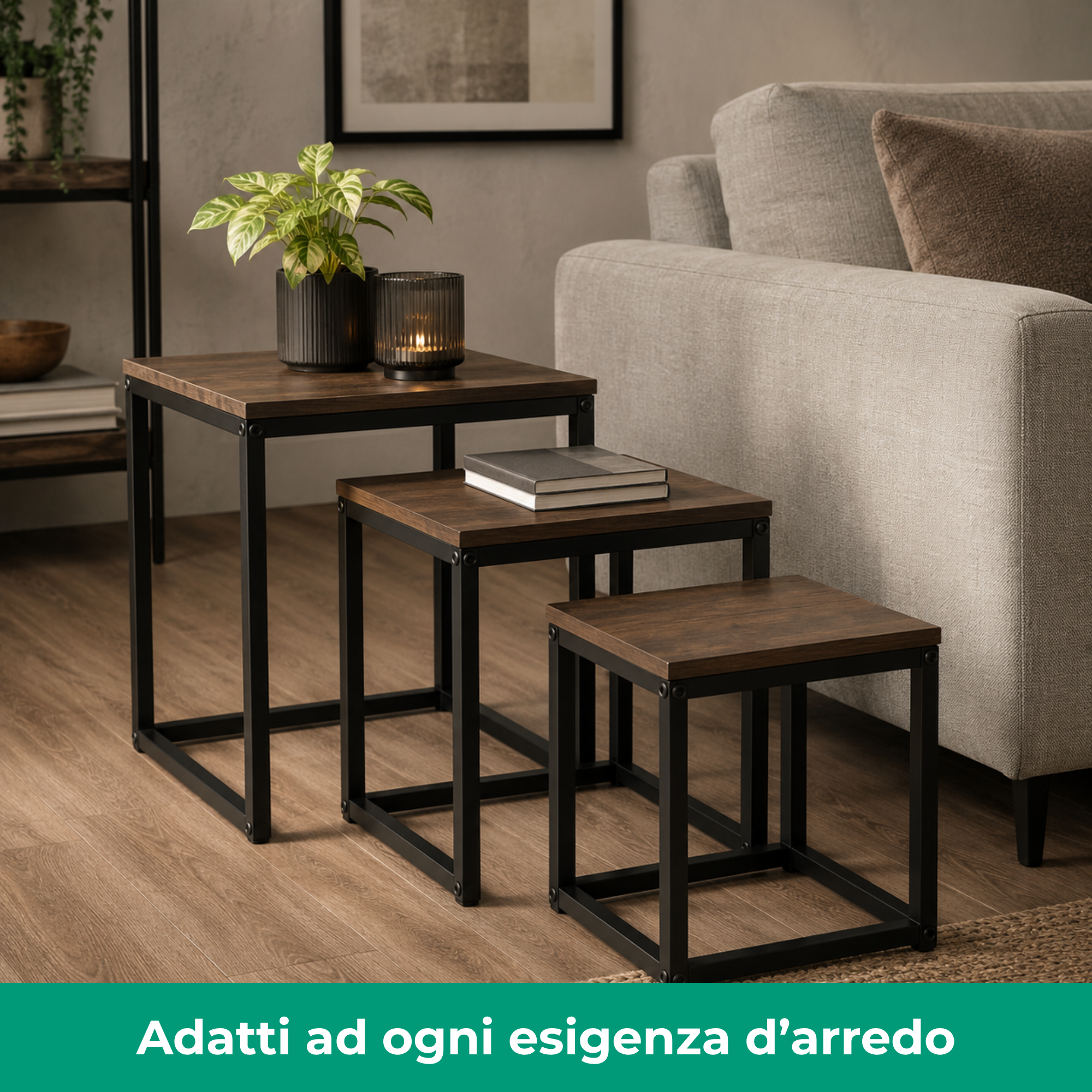 Set 3 Tavolini quadrati in metallo e MDF - Kubo