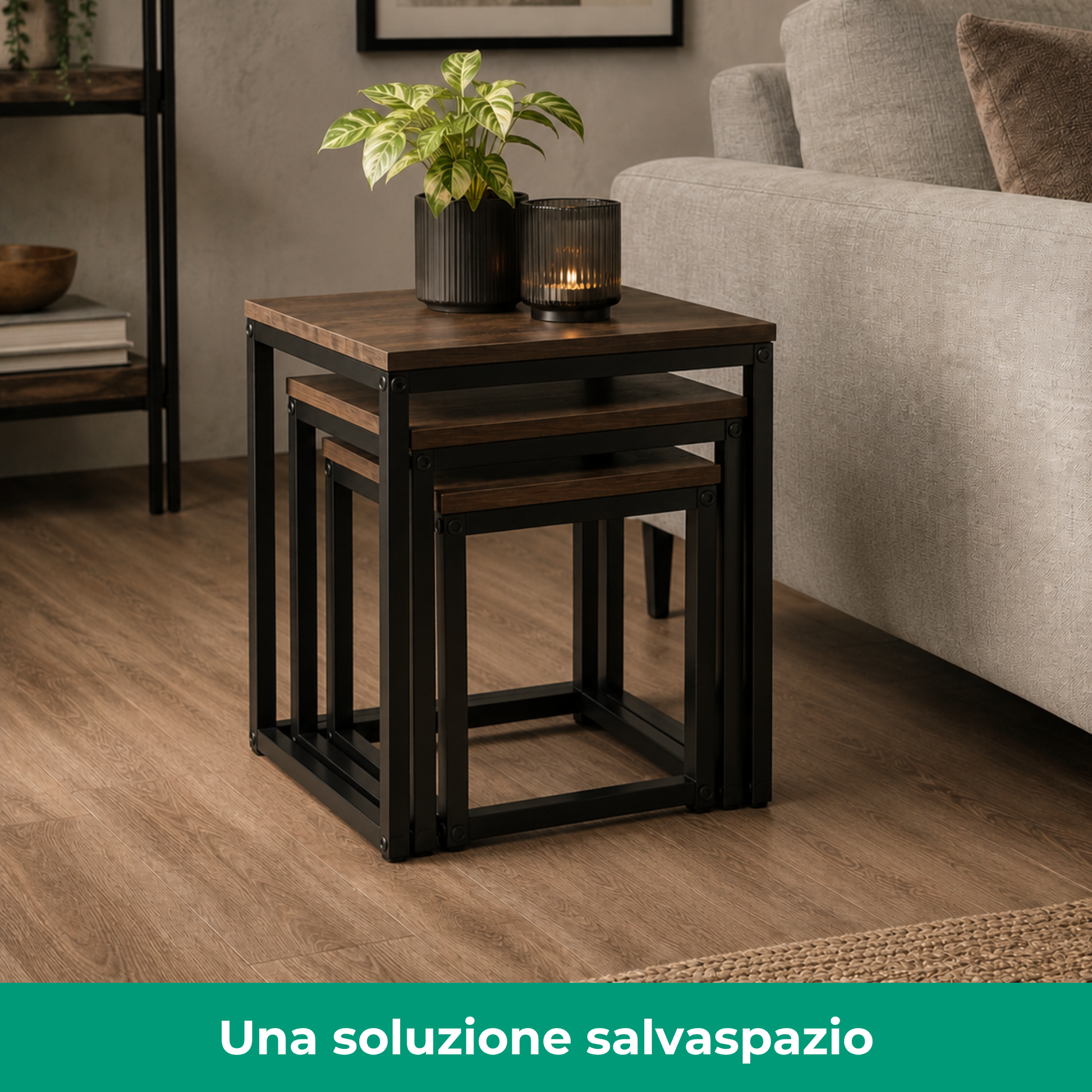 Set 3 Tavolini quadrati in metallo e MDF - Kubo
