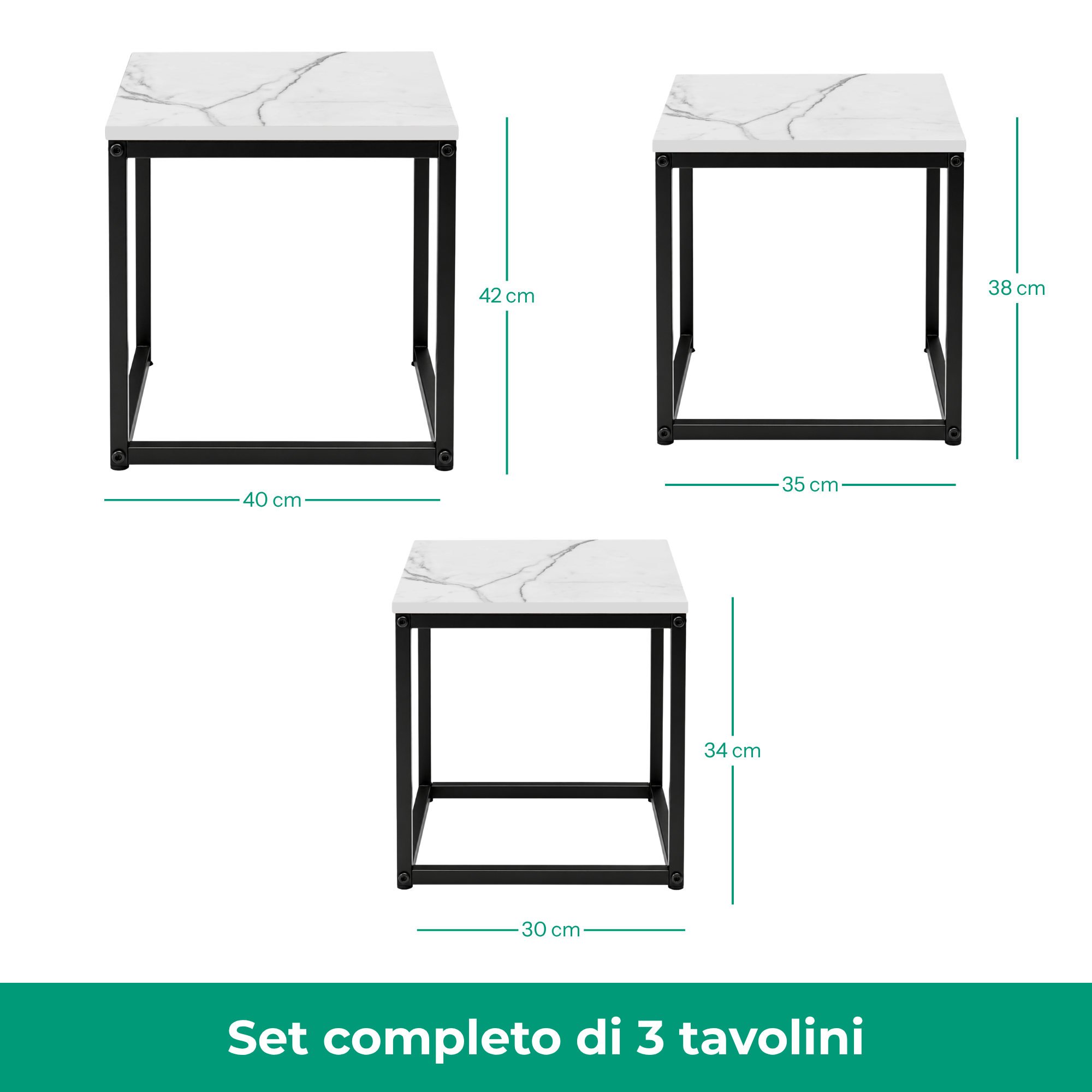 Set 3 Tavolini quadrati in metallo e MDF - Kubo