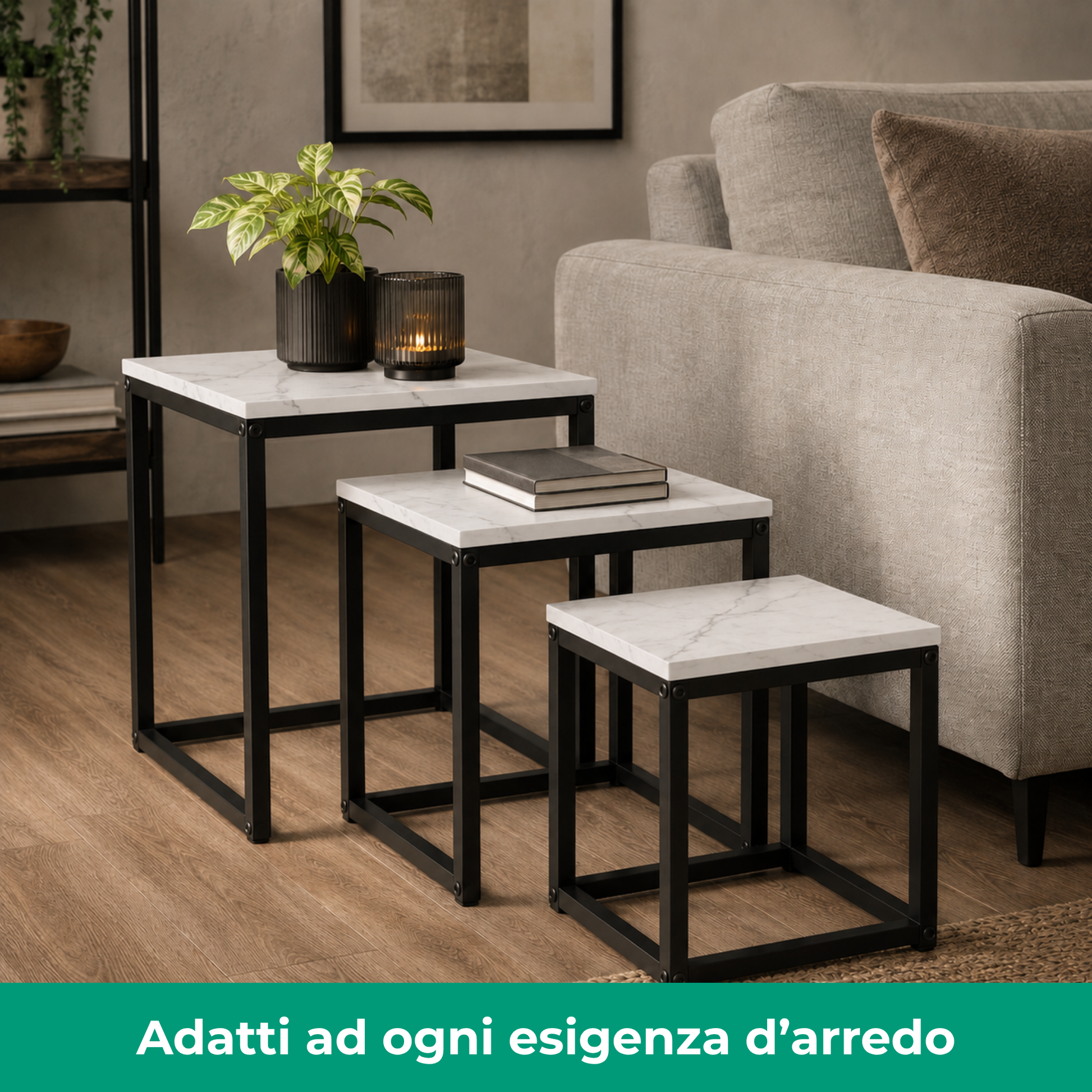 Set 3 Tavolini quadrati in metallo e MDF - Kubo