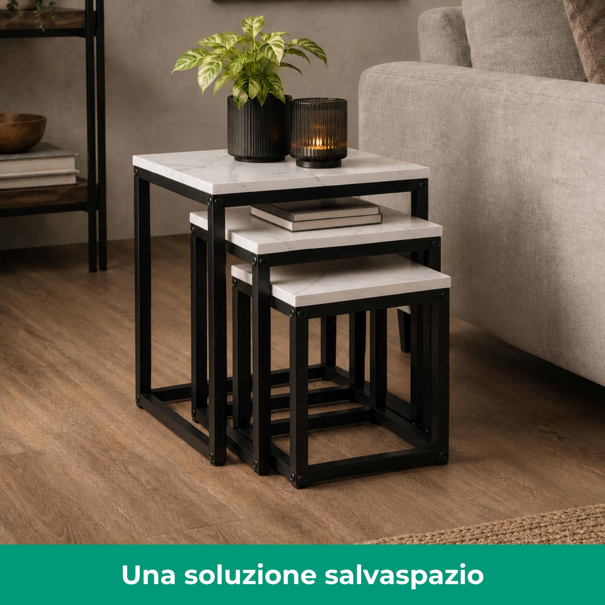 Set 3 Tavolini quadrati in metallo e MDF - Kubo