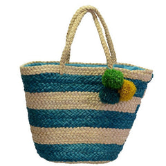 Borsa in paglia ponpon azzurro