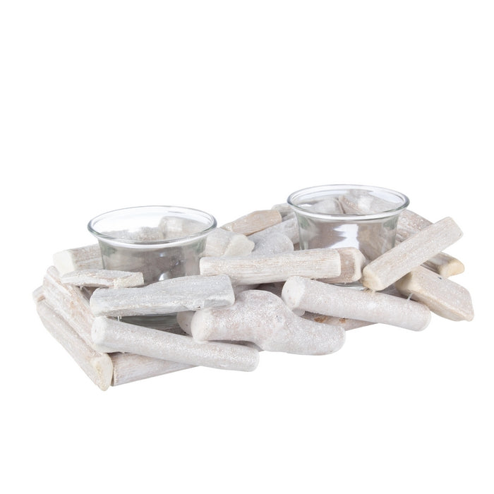 Porta candela natalizio 2 fuochi in legno bianco e vetro - Stick