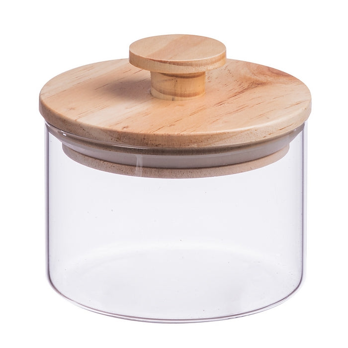 Barattolo cilindrico in vetro con coperchio in legno
