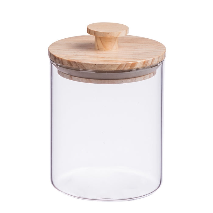 Barattolo cilindrico in vetro con coperchio in legno