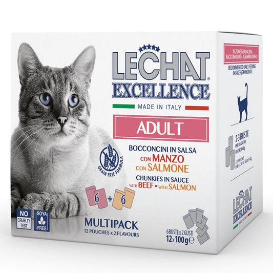 LeChat Excellence Multipack buste Adult - Manzo e Salmone 12x100g - MONGE - 