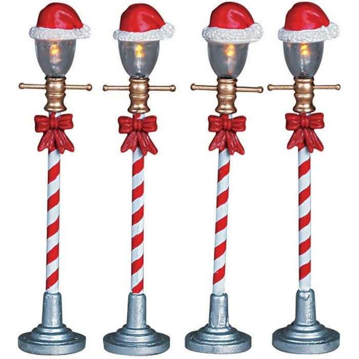 Set 4 Lampioni Stradali con Cappello di Natale per villaggio natalizio