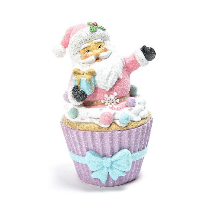 Babbo Natale rosa in resina per decorazione con muffin 16 cm