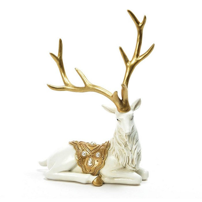 Renna seduta in resina bianco e oro per decorazione natalizia