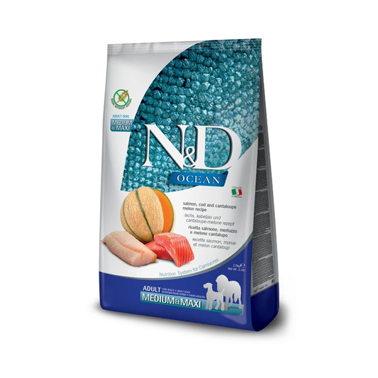 N&D Ocean Dog Salmone, merluzzo e cantalupo Adult Medium Maxi - FARMINA - 64826403422586