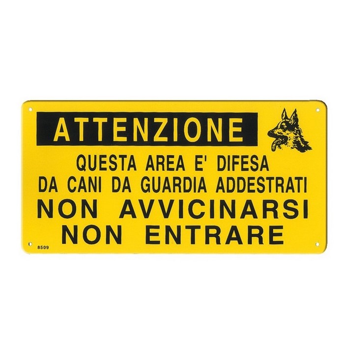 Targa gialla in metallo attenti al cane 20x10 cm