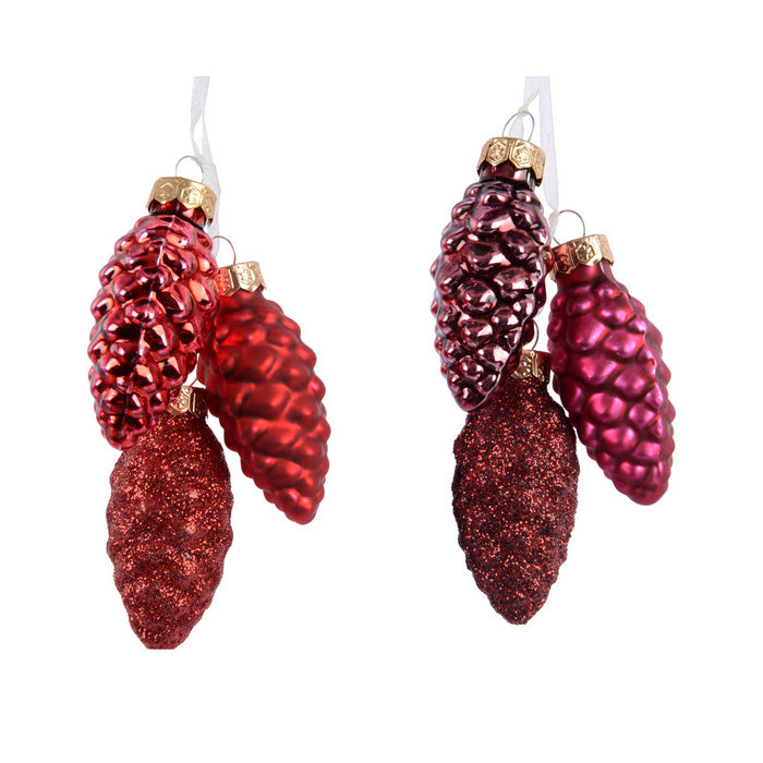 Trio di pigne per decorazione natalizia in vetro opaco, lucido e glitter