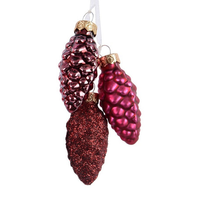 Trio di pigne per decorazione natalizia in vetro opaco, lucido e glitter