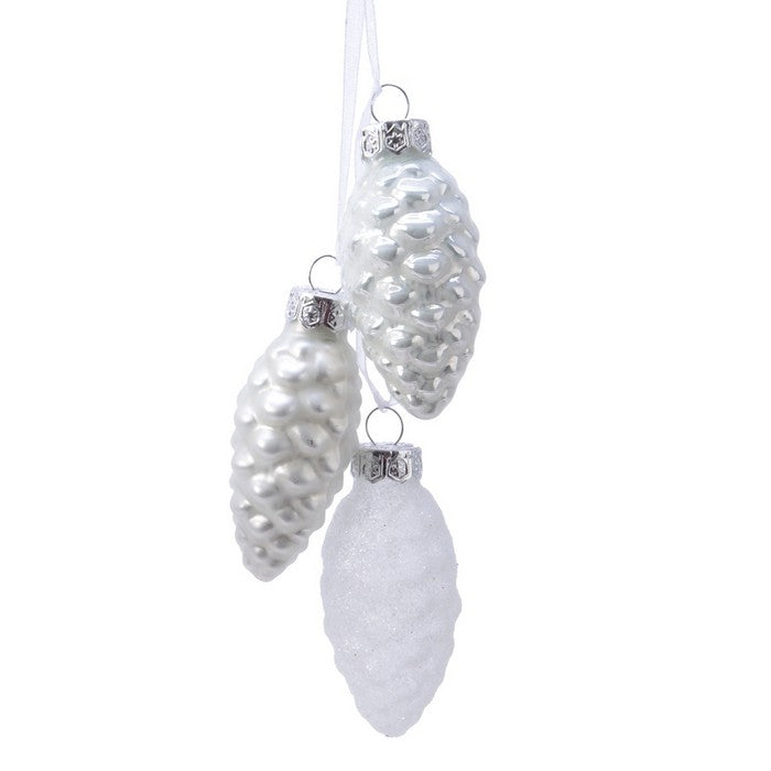 Trio di pigne per decorazione natalizia in vetro opaco, lucido e glitter