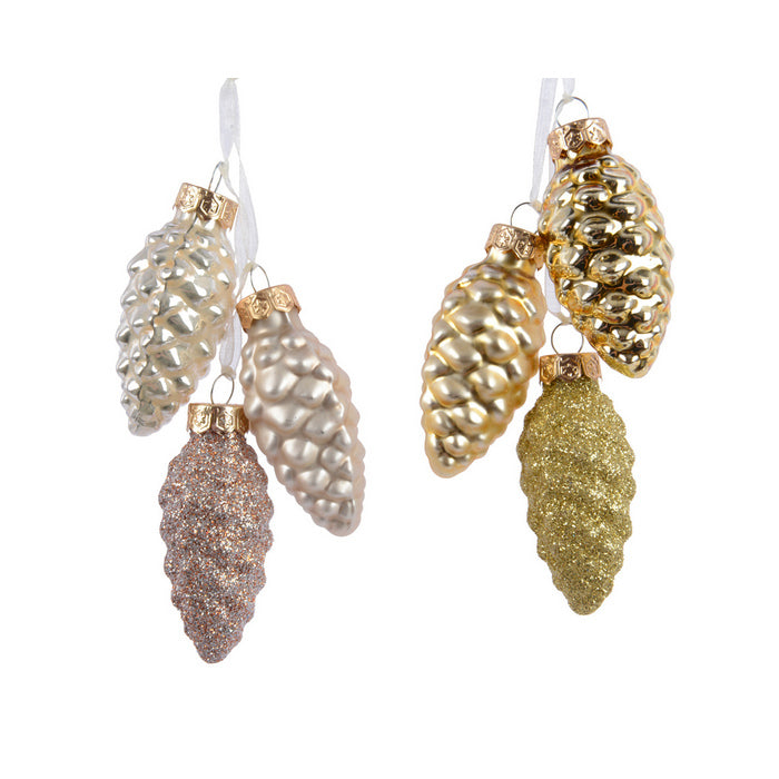 Trio di pigne per decorazione natalizia in vetro opaco, lucido e glitter