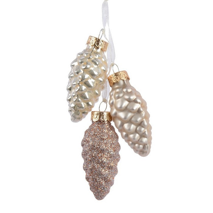 Trio di pigne per decorazione natalizia in vetro opaco, lucido e glitter