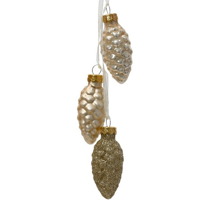 Trio di pigne per decorazione natalizia in vetro opaco, lucido e glitter