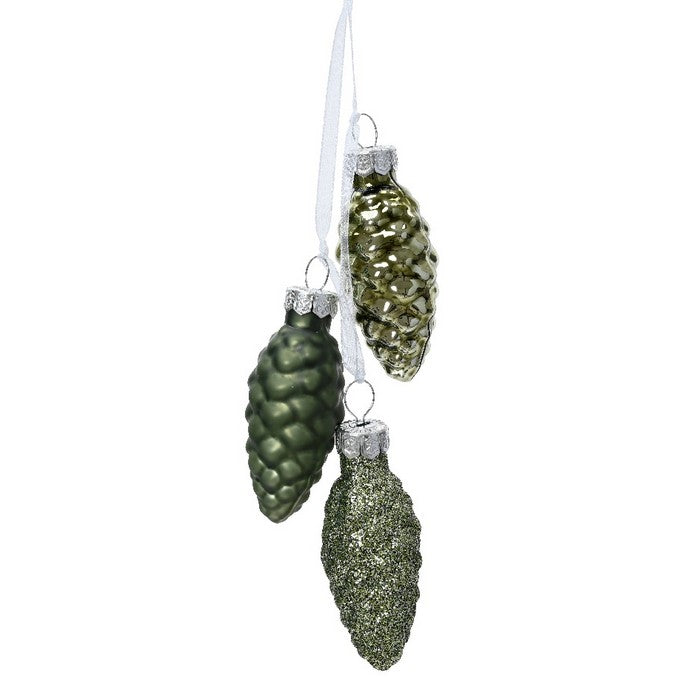 Trio di pigne per decorazione natalizia in vetro opaco, lucido e glitter