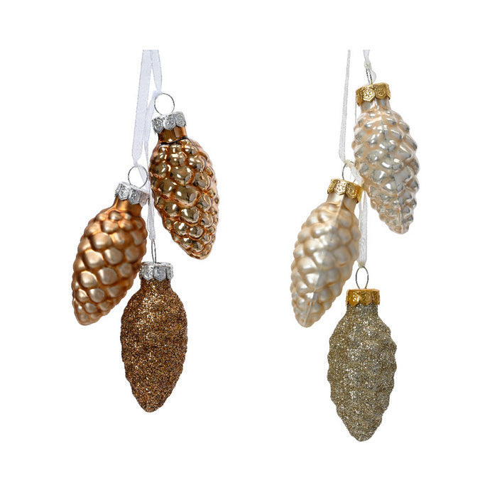Trio di pigne per decorazione natalizia in vetro opaco, lucido e glitter