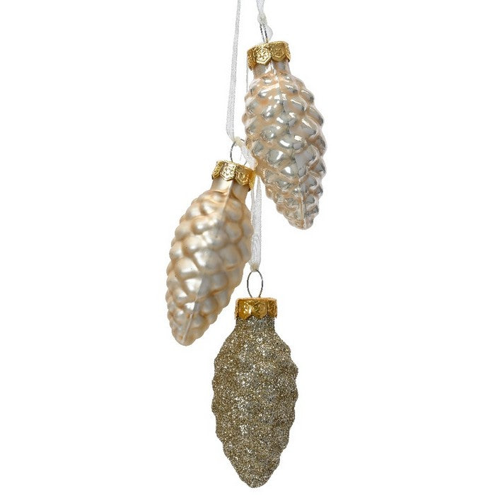 Trio di pigne per decorazione natalizia in vetro opaco, lucido e glitter