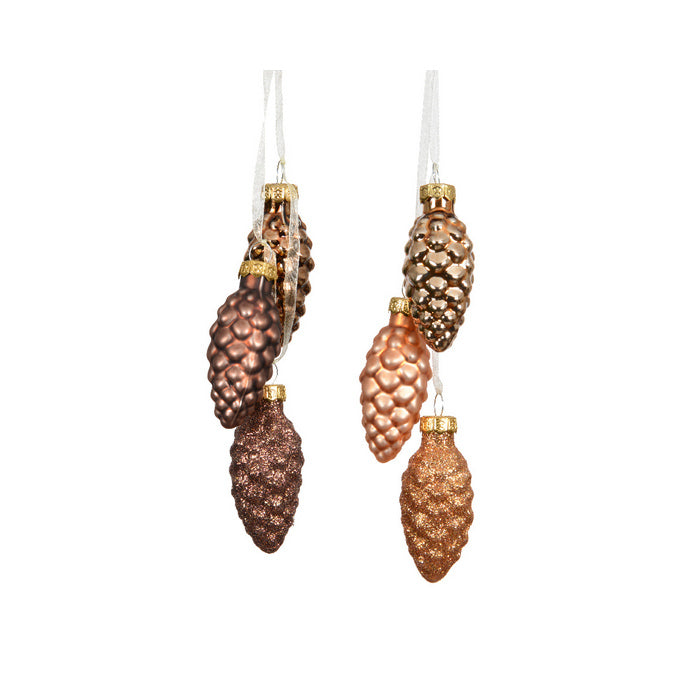 Trio di pigne per decorazione natalizia in vetro opaco, lucido e glitter