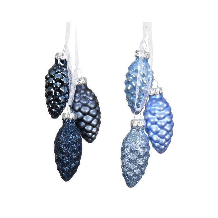 Trio di pigne per decorazione natalizia in vetro opaco, lucido e glitter