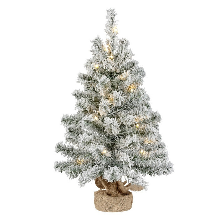 Mini albero di Natale innevato con 20 LED 60 cm, base in juta